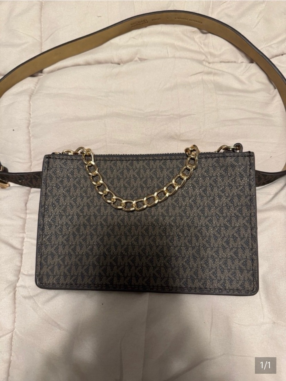 Michael Kors Brown Logo-Print Belt Bag with Gold Chain